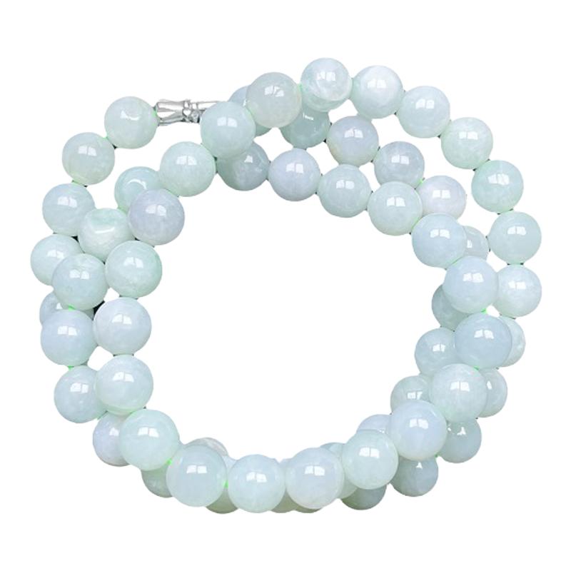 缅甸老坑A货翡翠项链8MM冰底淡绿天然玉石玉项链玉珠挂链配证书