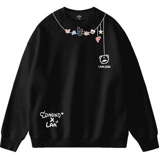 LAMLICKA熊猫印花圆领套头卫衣街头潮牌长袖宽松加绒重磅保暖外套