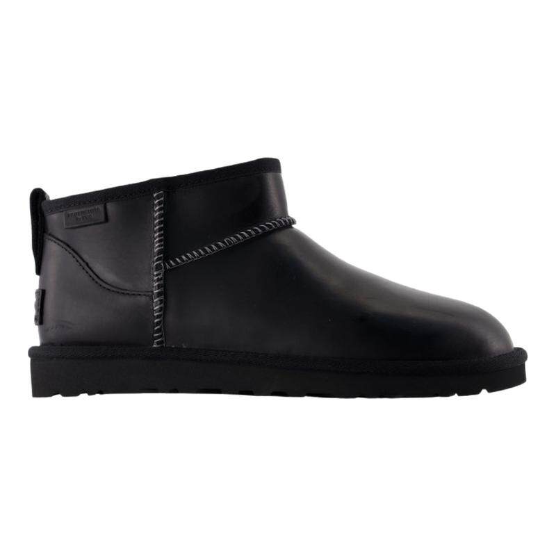 UGG;Classic Ultra Mini Lthr Regen 男款皮质裸靴黑色保暖雪地靴