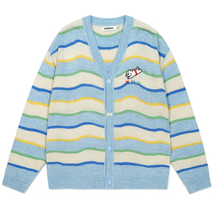 GUUKA&matsui联名小狗V领开衫针织衫男 条纹毛衣外套落肩绵羊毛衫