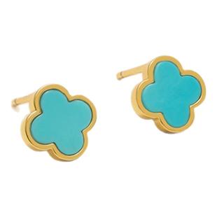 龙丰绿松轩S925银镀18k金正品天然绿松石四叶草简约百搭女款耳钉
