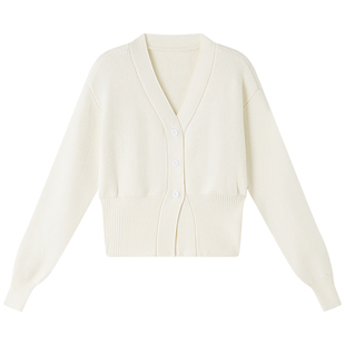 HaloLuu白色v领毛衣开衫女春季韩系慵懒外套收腰显瘦短款针织上衣