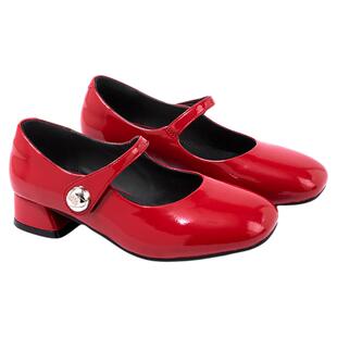 ELLEkids童鞋 中大童法式小高跟玛丽珍皮鞋女童金色气质浅口单鞋