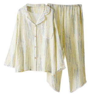 长袖长裤纯棉双层纱布花边开衫睡衣女加大码胖mm200斤宽松家居服