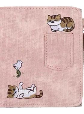 可爱猫咪短款钱包卡包一体女刺绣帆布日系少女简约百搭折叠零钱包
