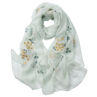 夏季新款清新蓝色刺绣真丝围巾绣花桑蚕丝丝巾薄款防晒纱巾披肩女