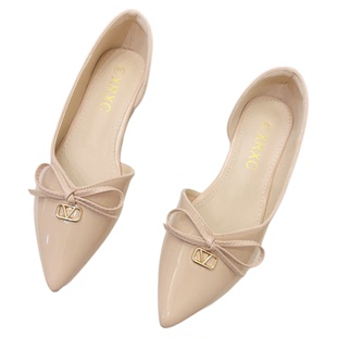 法式尖头侧空平底单鞋女2026春夏季新款蝴蝶结漆皮浅口百搭瓢鞋女