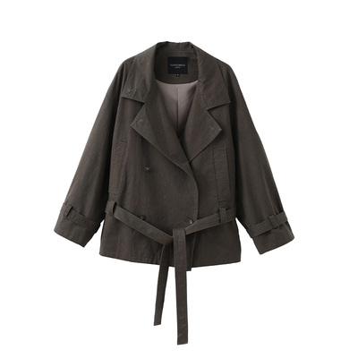 popchrio皱感纯棉翻领短款风衣