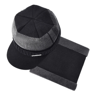 花花公子冬天帽子男带檐脖套保暖帽围脖针织毛线帽防风加绒加厚潮