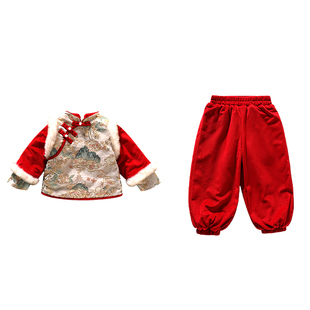 拜年服女童加绒套装冬季抓周礼服女宝宝汉服儿童唐装中式过年衣服