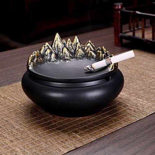 中式金山烟灰缸高颜值防家用礼品盖号办公陶瓷创意飞带大灰烟灰缸