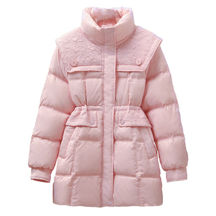冬季新款粉色羽绒服女中长款收腰显瘦加厚白鸭绒立领外套小个子