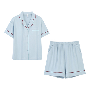 安之伴纯棉睡衣女款春夏季带胸垫简约开衫翻领短袖短裤家居服套装