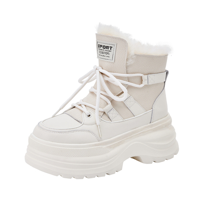 厚底白色加绒系带真皮短靴显瘦