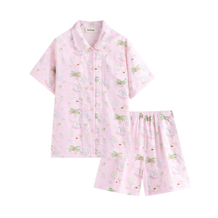 侘町2025新款度假岛兔兔纯棉短袖睡衣女夏天可外穿卡通家居服套装