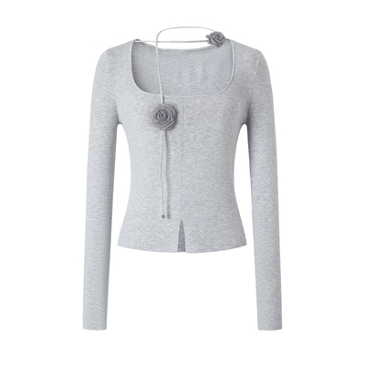 摩萨克冬方领挂脖法式短款玫瑰修身套头毛针织衫上衣女