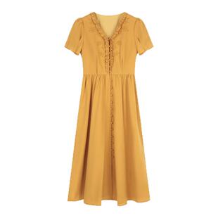 solighter法式绣花v领木耳边收腰连衣裙夏季2025新款显瘦短袖长裙