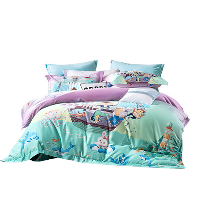 富安娜60支长绒棉儿童四件套100棉床单被套纯棉A类数码印花套件