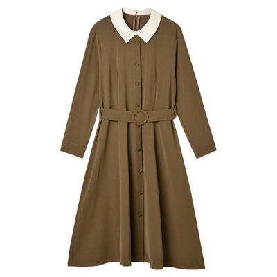 拼色中长裙系腰带连衣裙