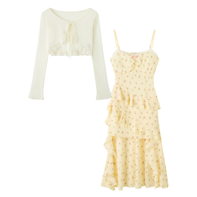 织物猪 紫雾甜心 黄色开衫碎花吊带连衣裙女夏季不规则拖尾中长裙