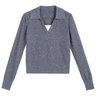 YINER音儿专选2026春季新款海鸥领撞色拼接假两件羊毛混纺针织衫