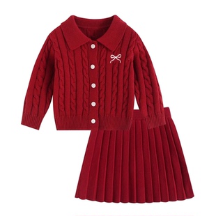 韩版春季小香风女童宝宝红色针织开襟衫外套百褶裙春秋学院风套装