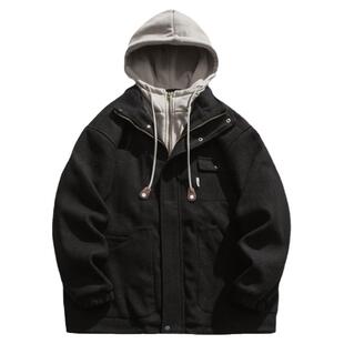 阿于呆STAYFISH日系秋冬连帽假两件棉衣男风衣夹克情侣毛呢外套女