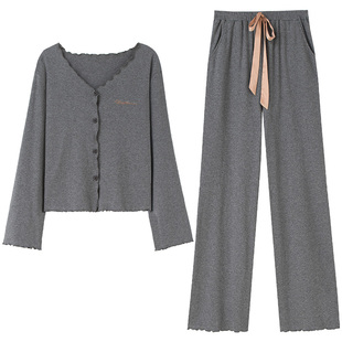 妮狄娅睡衣女春秋款纯棉长袖暗条纹v领开衫阔腿裤休闲家居服套装
