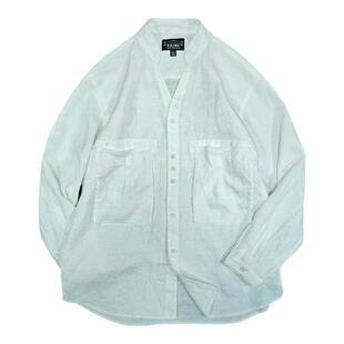 西里布本白全亚麻长袖V领衬衫日系复古立领大口袋新款春夏新品