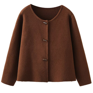 双面呢大衣短款小香风外套女秋冬季新款大码胖mm气质圆领毛呢外套