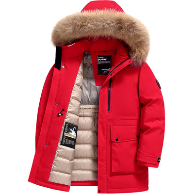 雪中飞时尚大红色鹅绒服男中长款