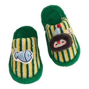 细细条 可爱企鹅小鱼情侣棉拖鞋秋冬撞色条纹男女防滑居家毛毛鞋