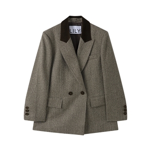 菁英西装LILY2025新款复古老钱拼接灯芯绒通勤高级感西服外套女