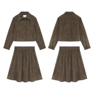 贰羊设计【乐安】极简重磅双面仿麂皮绒套装女短款廓形夹克半身裙