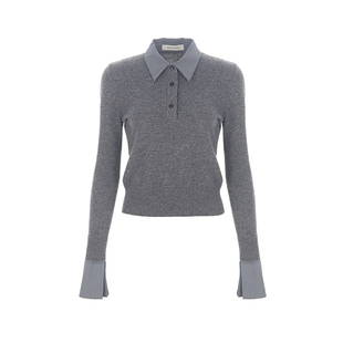 wana try撞领拼接羊毛深灰色针织衫2025秋季新款简约气质女款上衣