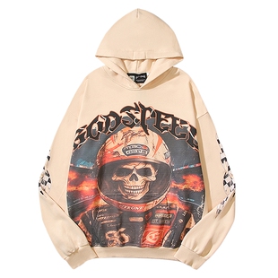 美式潮GODSPEED复古骷髅赛车手印花街头男女做旧宽松连帽卫衣秋冬