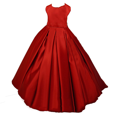 露宝红色拖尾公主裙女童缎布法式