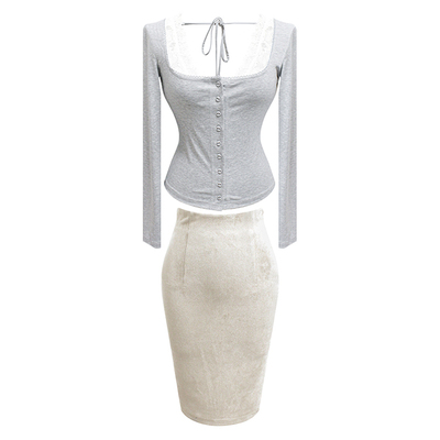 假两件蕾丝内搭针织上衣麂皮半裙