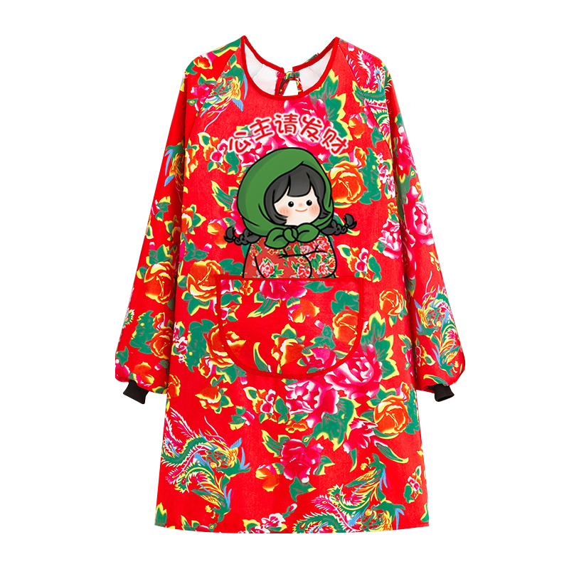 新款东北大花时尚厨房家用围裙饭店工作服防油污长袖罩衣围腰女