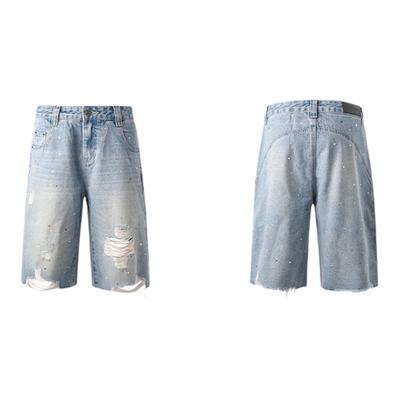 ourhour宝石烫钻破洞牛仔中裤