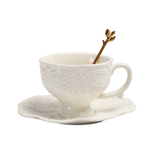 北欧风简约浮雕咖啡杯套装法式复古精致家用陶瓷下午茶杯具套装