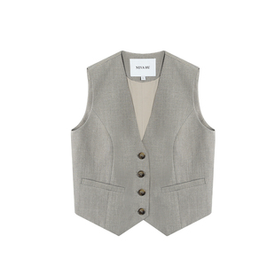 NEVA HU 黑色V领短款西装马甲外套女新款韩版无袖中坎肩马夹上衣