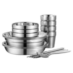 304露营家用户外餐具不锈钢碗碟套装碗盘盘子防摔碗筷勺汤盆组合