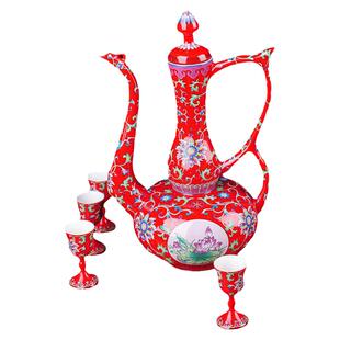 缠枝莲 中国红陶瓷器宫廷珐琅彩创意酒具酒壶套装白酒杯礼盒 HY