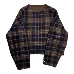 集笙记韩系复古格子毛呢外套女短款小个子显瘦百搭小香风羊毛大衣