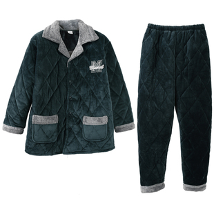 睡衣男式三层夹棉珊瑚绒棉袄冬季棉衣中老年人父亲家居服套装棉服