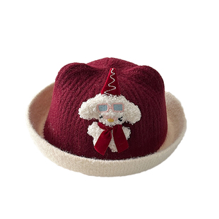 儿童渔夫帽秋冬季可爱卡通拼色针织帽子男童女宝宝穿搭盆帽潮