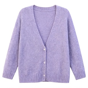 韩系显白温柔慵懒风紫色中长款针织开衫女秋冬宽松毛衣外套高级感