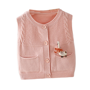 女童粉色毛衣开衫背心2025春秋季百搭外穿毛线衣宝宝婴儿针织马甲