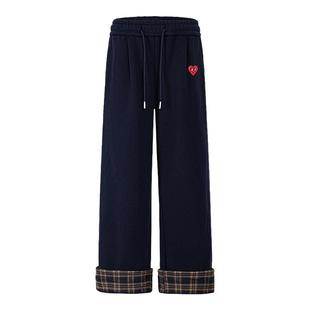 查尔斯桃心格子卷边毛呢裤子男女冬季加绒加厚保暖卫裤宽松休闲裤